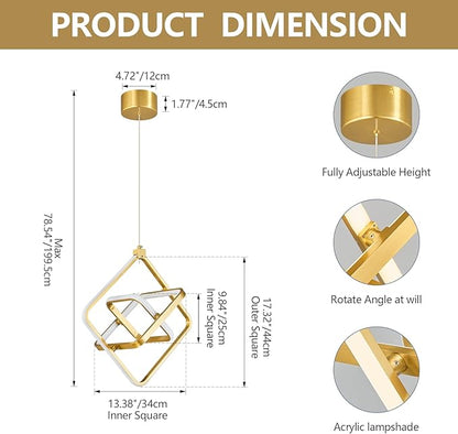 Modern LED Pendant Light Gold Pendant Lights 4000K 35W Dimmable Height Adjustable Pendant Lighting Rectangle Chandelier for Kitchen Island Dining Room Bedroom Living Room Foyer（3-Ring）