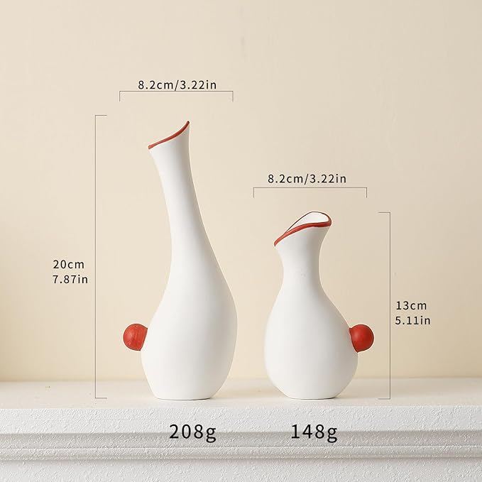 Ceramic Duck Flower Vases Set of 2 - Modern Minimalist Abstract Goose Statues for Home Decor - Cute Small Bud Vase for Centerpieces, Bookshelf, Mantle, Entryway Table(Red)