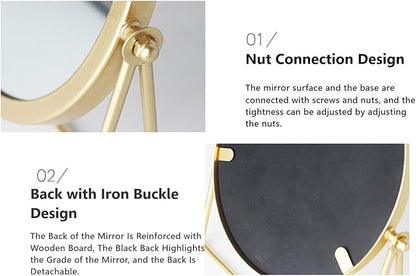 Iron Tabletop Makeup Mirror, Round Swivel Desktop Stand Mirror, 360°Rotation One-Sided Dressing Table Mirror(Golden)