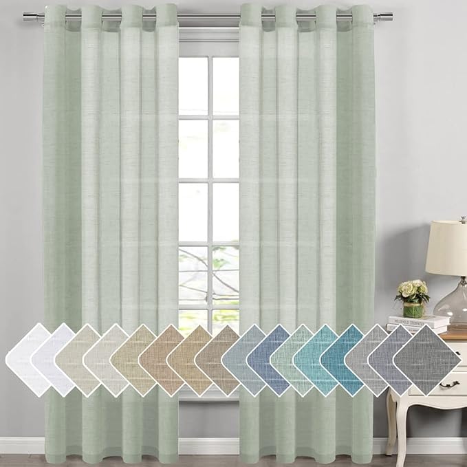 H.VERSAILTEX Linen Curtains Natural Linen Blended Curtain Panels for Living Room/Light Reducing Linen Semi Sheer Curtains 108 inch Length 2 Panels Set Nickel Grommet Window Panels, Sage