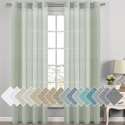H.VERSAILTEX Linen Curtains Natural Linen Blended Curtain Panels for Living Room/Light Reducing Linen Semi Sheer Curtains 108 inch Length 2 Panels Set Nickel Grommet Window Panels, Sage