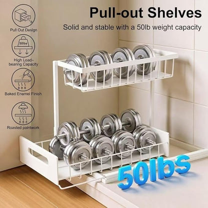Under Sink Organizer Pull Out Kitchen Sink Organizer, 2 Tier L-Shape Bathroom Organizers and Storage with Sliding Drawer for Kitchen Bathroom Pantry (White, 1 Pack)