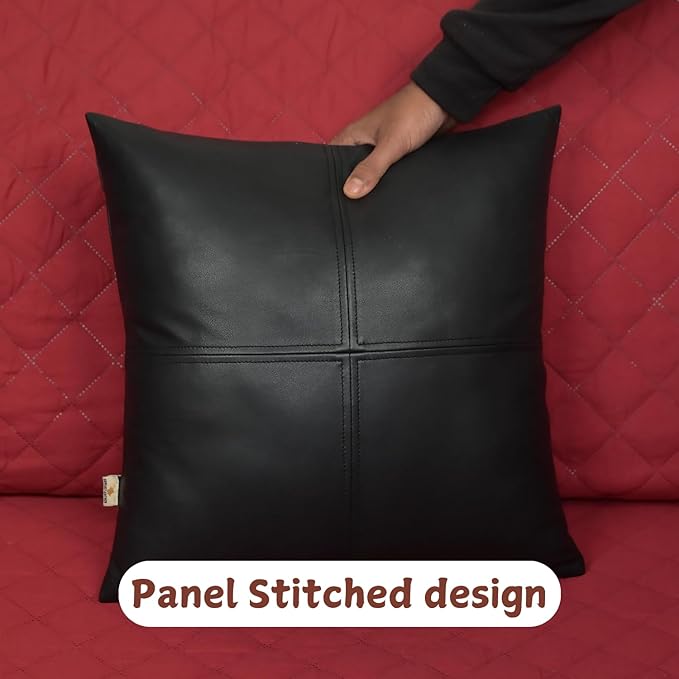 Lambskin Leather Pillow Cover, Hand Panel Stitched Leather Decorative Throw Pillow Covers for Couch Sofa Bed Living Room Garden (16x16 Inches, Black Pack of 2)