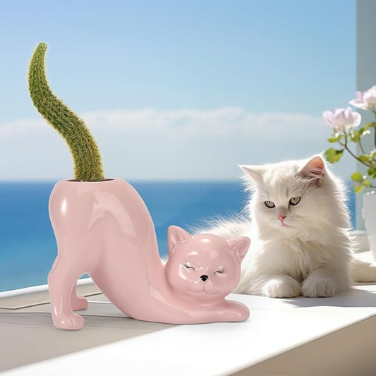 TOIVO Cat Planter Pot，Indoor and Outdoor Plant Displays，Funny Ceramics Cat Flower Pot，Gifts for Cat Lovers，Lovely Office Desk Room Home Decor (Pink, Small)