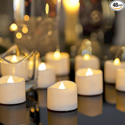 Homemory 48-Pack Novelty Flickering Flameless Tea Lights Candles, 200+Hours Battery-Operated LED Fake Candles for Wedding Table Centerpieces,Proposal,Anniversary, White Base, Ø1.5'' × H1.3''