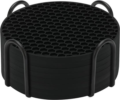 Silicone Coasters Set of 8 with Holder,Coasters for Drinks,Beer,Coffee Coasters,Suitable for Kinds Cups,Hot or Cold,Anti-SLI,Non-Stick,Anti-Overflow Tabletop Protection and Decor (8 Pcs, Black)