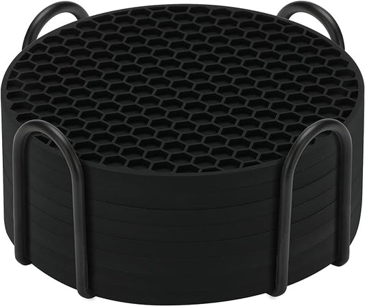 Silicone Coasters Set of 8 with Holder,Coasters for Drinks,Beer,Coffee Coasters,Suitable for Kinds Cups,Hot or Cold,Anti-SLI,Non-Stick,Anti-Overflow Tabletop Protection and Decor (8 Pcs, Black)