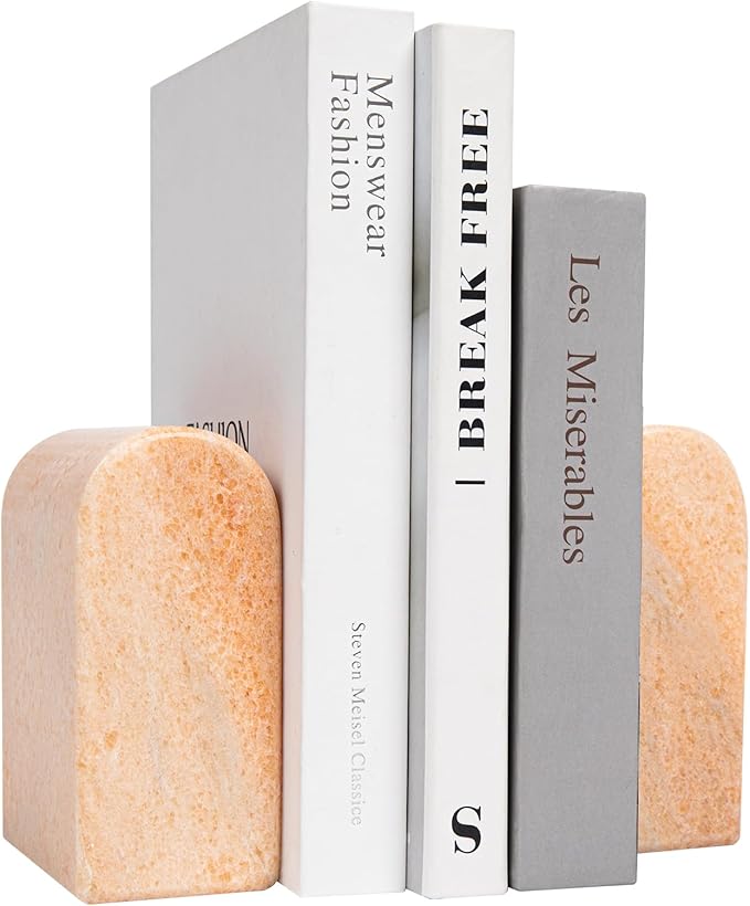 Luxury Marble Bookends for Shelves, 13LB Heavy Duty Marble Book Ends for Heavy Books, Stone Bookends Decorative, Polished, Orange Arch, Set of 2