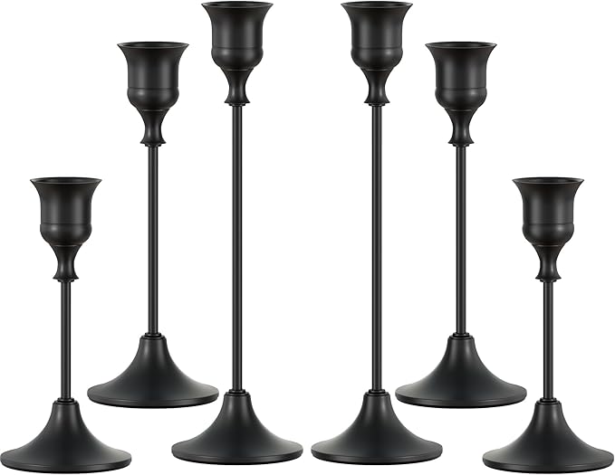 FSyueyun Black Candle Holder Set of 6, Elegant Metal Candlestick Holders for Vintage Taper Candle Holders, Perfect for Table Centerpieces, Fireplace Mantels, Home Decor, Weddings and Party Decorations