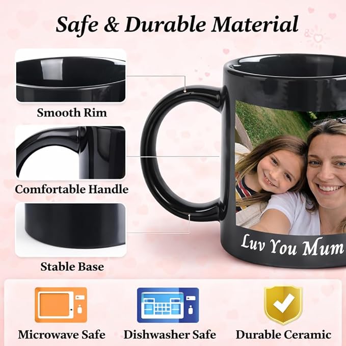 Personalized Coffee Mug with Photo Design, Mom Birthday Gifts Custom Mug Premium Ceramic Coffee Cups for Daily Use, Birthday Gifts for Mom, Presents for Mama, Gifts for Women(Black