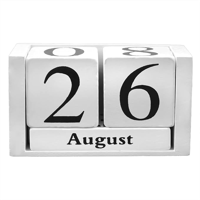 Framendino, White Vintage Wood Rustic Block Chic Perpetual Desktop Wooden Cubes Calendars for Home Office Desk Decoration
