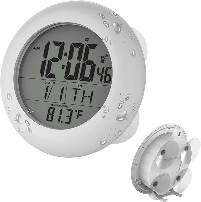 Sonnet Shower Clock for Bathroom and Kitchen - Large Digital Display Shows Time, Date, Day of The Week and Temperature. Large Suction Cups, Hanging Hole, and Kick Stand - Atomic Clock