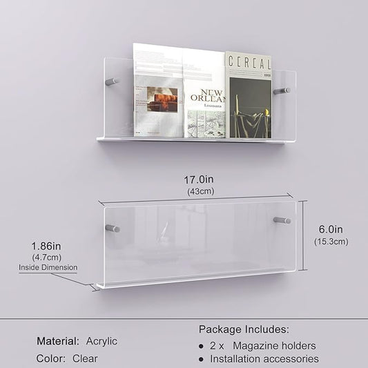 Acrylic Magazine Holder, 2 Pack Hanging Bookshelf Magazine Rack, Wall Mounted Floating Brochure Display for Waiting Room, Office, Home (Clear, 17 Inch)