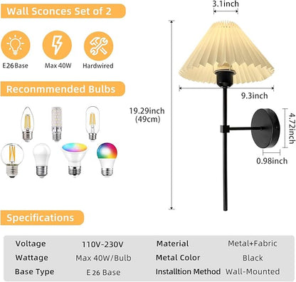 Wall Sconces Sets of 2, White Pleated Fabric lampshade Matte Black Wall Lamp, Column Bracket Wall Lighting, Bathroom Dresser Hardwired lamp Fixture, Applicable to Living Room, Bedroom and Dining Room