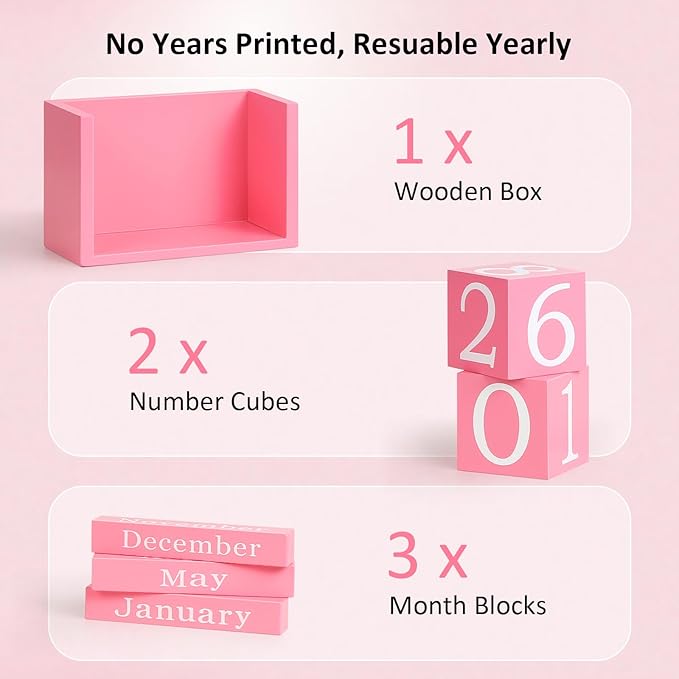 Wooden Block Calendar for Desk, Large Size Daily Desktop Perpetual Desk Calendar, Cute Date Display Desk Accessories for Home Office Decor, Teacher, Classroom, Reusable Yearly, Pink