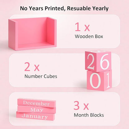 Wooden Block Calendar for Desk, Large Size Daily Desktop Perpetual Desk Calendar, Cute Date Display Desk Accessories for Home Office Decor, Teacher, Classroom, Reusable Yearly, Pink