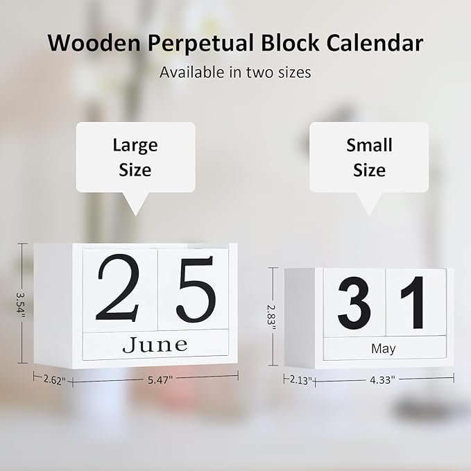 Wooden Block Calendar for Desk, Small Size Daily Desktop Perpetual Desk Calendar, Cute Date Display Desk Accessories for Home Office Decor, Teacher, Classroom, Reusable Yearly, White