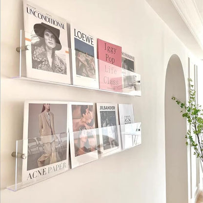 DuvinDD 2 Pack Acrylic Magazine Holder Rack Brochure Holder Wall Mount 24 inch Clear Hanging Magazine Rack Floating Bookshelf for Literature Pamphlet Organizer for Room Office, with Mounting Kit