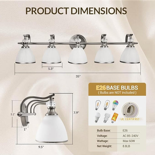ANDY STAR Bathroom Lighting Fixtures, 5-Light Brushed Nickel Vanity Light with Milky Glass Shade, 35" Large Vanity Lights for Bathroom, E26 Socket, for Mirror, Living Room, Bedroom, Hallway