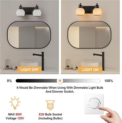 2 Light Modern Bathroom Light Fixtures Over Mirror (LED Bulbs Included), Black Vanity Lights for Bathroom Wall Sconces with Milky White Globe Glass Shades
