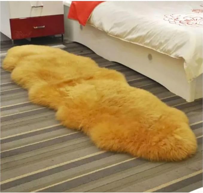 HUAHOO Premium Genuine Sheepskin Rug Camel Real Australia Sheepskin Natural Lambskin Fur Area Rug Seat Covers for Kids Bedroom Sofa Chair Cover Pets Dogs Mat Double Pelt/2' x 6' Banana Yellow