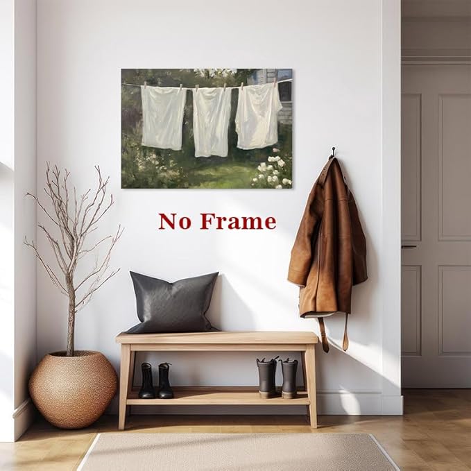 Farmhouse Laundry Picture Vintage Garden Painting Clothesline Canvas Art Cozy Cottage Prints Spring Landscape Artwork Laundry Day Poster Victorian Farmhouse Wall Art for Living Room 16x24in No Frame