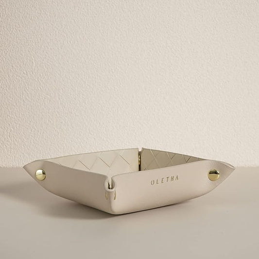 OLETHA Small Foldable Valet Tray - Aesthetic Desk Organizer for Home, Office & Travel - Portable Catch All Bowl for Keys, Jewelry & Essentials - Woven Textured, Beige