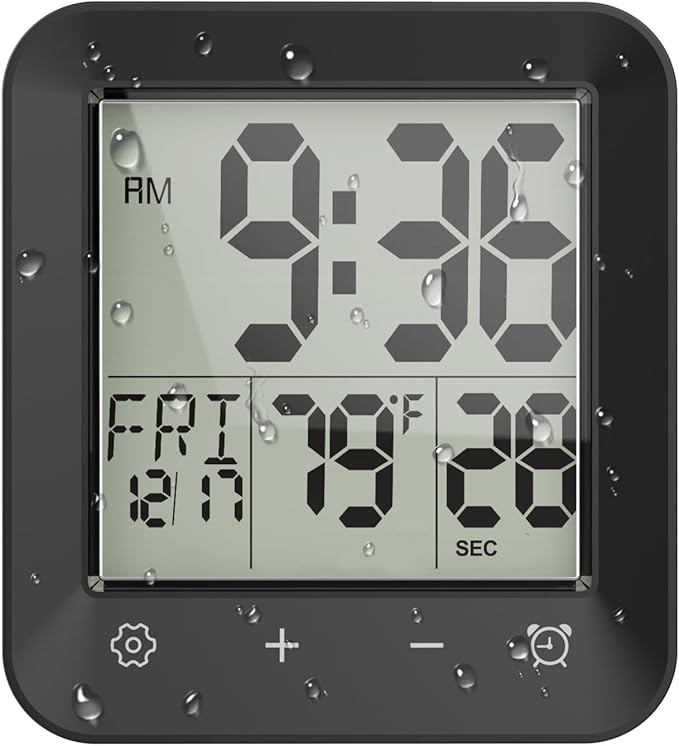 Shower Clock Waterproof Bathroom Timer, Digital Wall Clock with Countdown, Touch Screen, Temperature, LCD Display, Suction Cup Hanging Hole Stand for Kids and Adults
