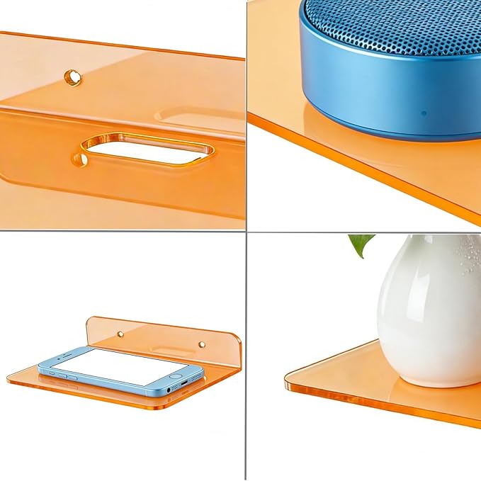 Small Floating Shelves Acrylic Wall Shelf 2 Pack Hanging Shelves for Bedroom, Gaming Room, Living Room, Bathroom, Office with Cable Clips (Orange)