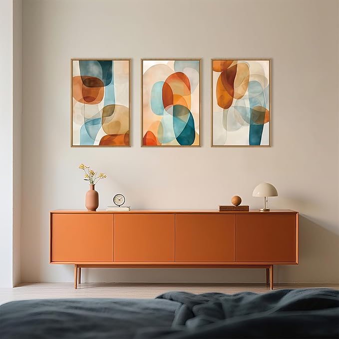 Large Abstract Color Block Framed Canvas Wall Art,Boho Orange and Blue Ovals Wall Decor,Modern Colorful Shape Artwork,Watercolor Geometric Art Print for Living Room,Bedroom,Office- 16"x24"x3