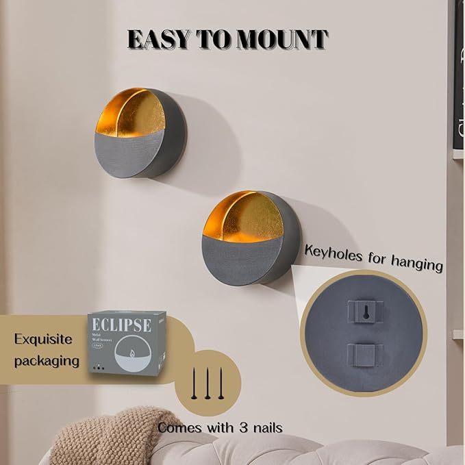 Eclipse Candle Sconces Set of 2 - Modern Gray Metallic Wall Candle Holders with Gold Foil Interior, Christmas Wall Decor for Living Room, Bedroom, or Modern Farmhouse Decor