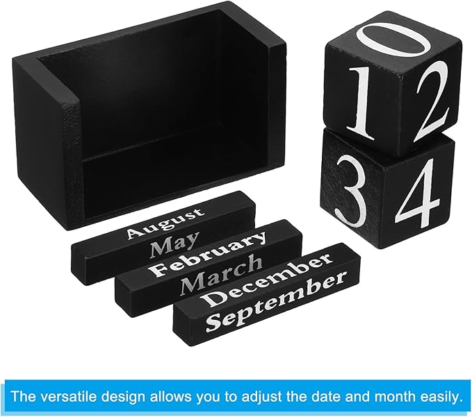 PATIKIL Vintage Wood Block Perpetual Calendar, Reusable Wooden Month Date Display Blocks for Desk Office Home Decoration 3.7", Black