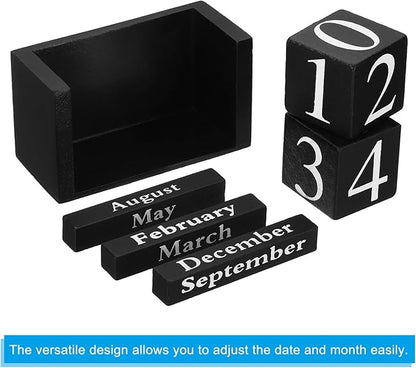 PATIKIL Vintage Wood Block Perpetual Calendar, Reusable Wooden Month Date Display Blocks for Desk Office Home Decoration 3.7", Black