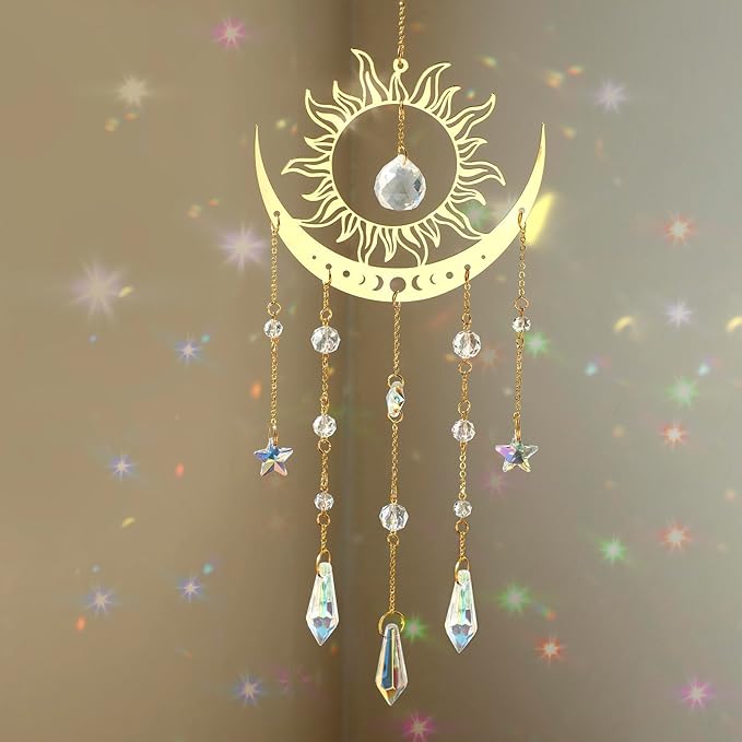 Artilady Suncatcher Crystal Wind Chimes - Large Sun and Moon Sun Catcher for Windows Hanging Prism Crystals Boho Home Garden Backyard Room Ceiling Decor Christmas Birthday Gift for Women