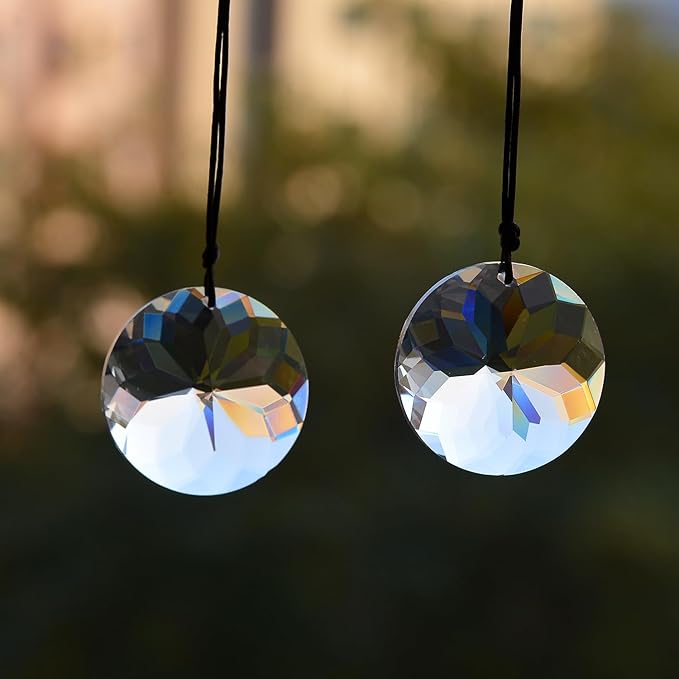 2PCS 5" Circle Crystal Sun Catcher Prisms, stino Hanging Suncatchers with Glass Prism, Rainbow Maker for Windows, Balcony, Kitchen, Garden Decoration (1, Circle Clear 2Pcs)