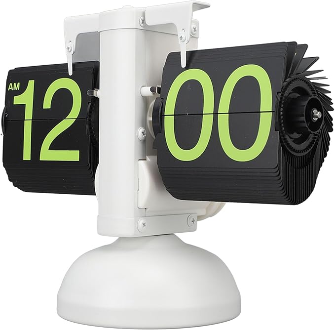 FOSA Flip Clock Retro Mechanical Digital Minimalist 12H Battery Operated Stainless Steel Desk Clock for Home Office Living Room (White Frame Green Number)