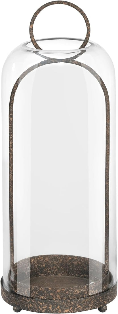 20" High Versatile Modern Metal Hurricane Lantern with Handmade Sturdy Glass Dome in Rustic Brown for Pillar Candle & Plants, Industrial, Farmhouse, Shabby Chic (Brown, 7.5"x20")