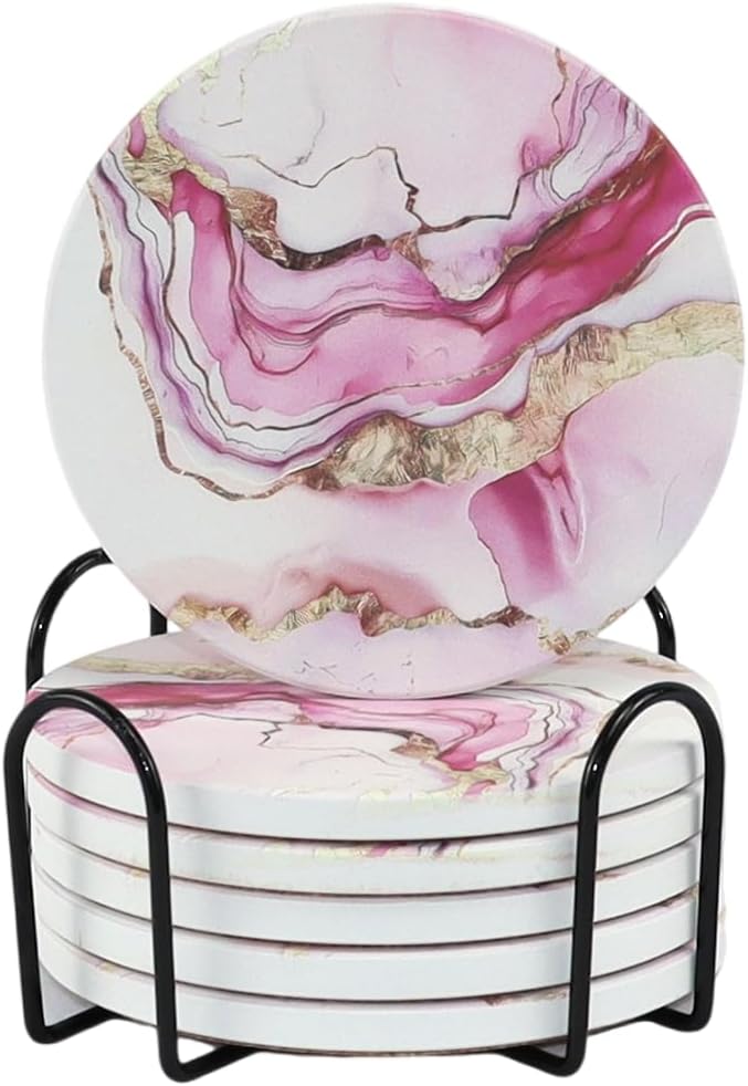 Ceramic Drink Coasters Set of 6 with Holder, Modern Marble Absorbent Ceramic Coasters, Round Ceramic Table Coasters for Home Decor Coffee Kitchen (4 Inches), Pink