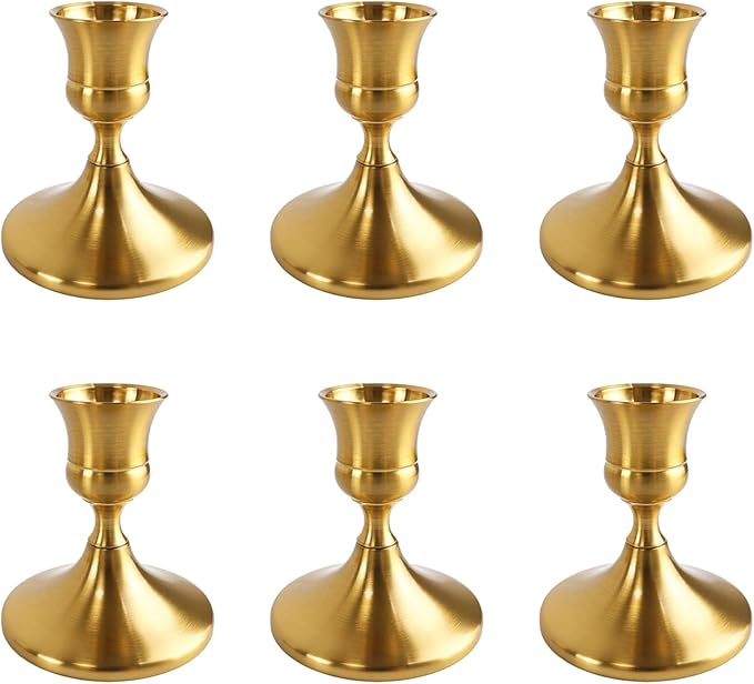 Vintage Brass Gold Taper Candle Holders Set of 6, Metal Candlestick Holders Elegant Handcrafted Décor for Weddings, Dining & Meditation,Table Centerpiece, Party, Christmas Decoration or Home Decor
