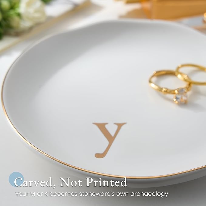 Lolalet Handmade Ceramic Ring Dish Jewelry Tray Plate with Initial, Small Monogram Gift for Her Women Girls Mother, Hostess, Engagement, Bridal Shower, Maid of Honor, Bridesmaid, Birthday, Christmas
