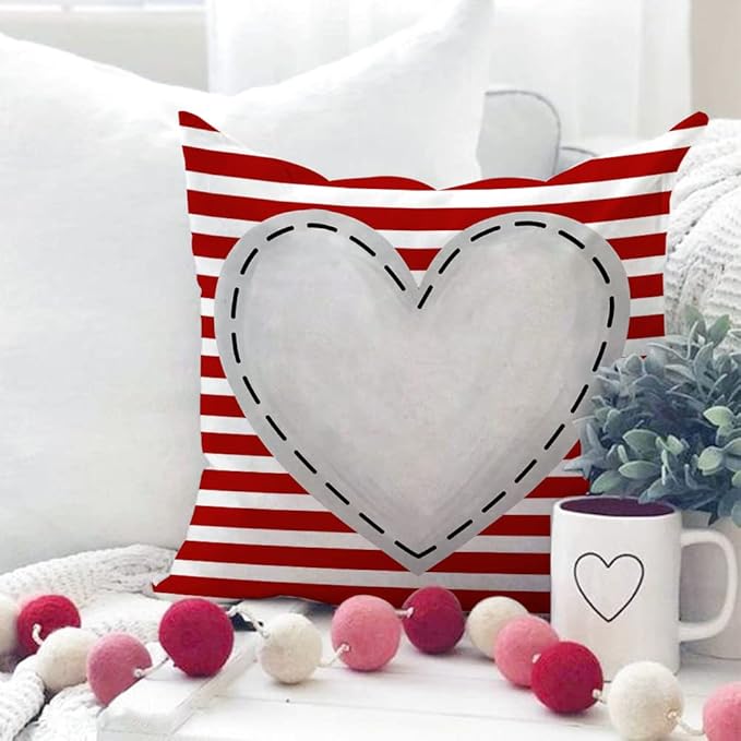 GEEORY Valentines Day Pillow Covers 16x16 inch Set of 4 for Valentines Decor Red White Stripes Dots Love Heart Valentines Day Throw Pillows Decorative Cushion Cases Valentine Decorations