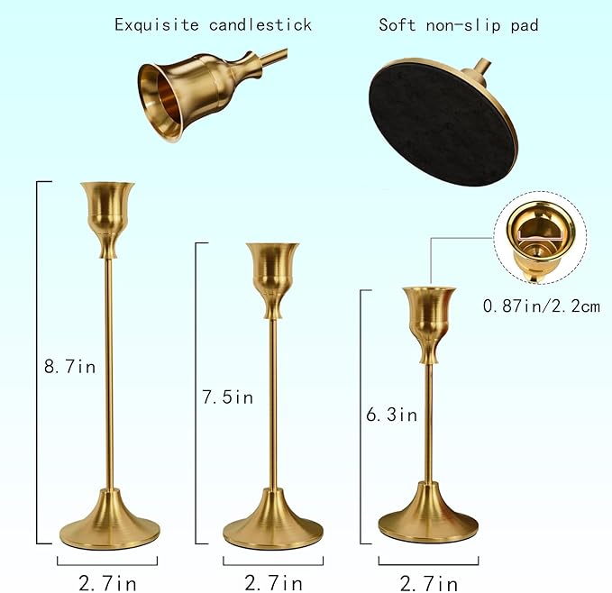 Candle Holder, Modern Minimalist Brass Gold Metal Candlestick Holders, Set of 3 Tall - Elegant Taper Candle Holders for Table Centerpiece, Wedding, Dinner Party Home Decor (2 Set 6 pcs)