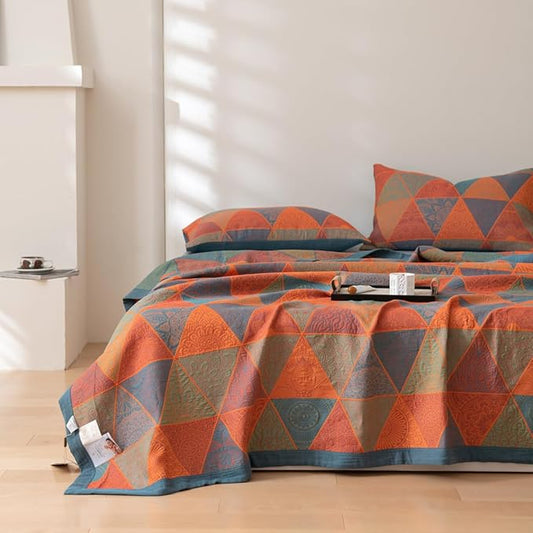 100% Cotton Muslin Blanket Jacquard Bohomian Mandala Triangle Quilt, Soft Bed Cover 3 Layers Reversible Bedspread Coverlet Breathable Lightweight Bedding Twin(59"x94"), No Pillow Sham