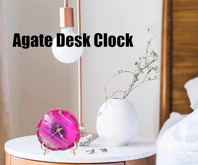 JIC Gem Agate Clock Crystal Desk & Shelf Clocks Home Decor (Pink)