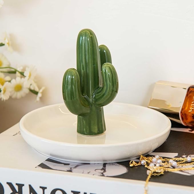 Cactus Ring Holder Dish, Ceramic Jewelry Tray Trinket Dish for Necklace Keychain Organizer, Cute Funny Birthday Wedding Mothers Day Gift for Women Friends Girls