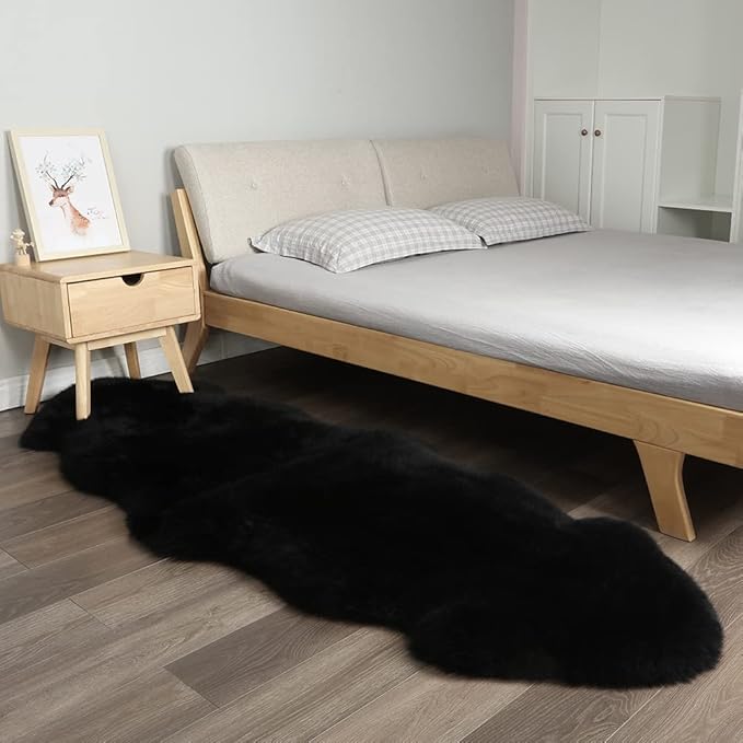 LLB Genuine Sheepskin Area Rug Wool Rug Fur Carpet Fluffy Shaggy Fur Rug for Living Room Kids Bedroom Real Sheepskin Throw Lambskin Rugs Sofa Mat Chair Seat Covers (Black, 2 x 6 ft Sheepskin)