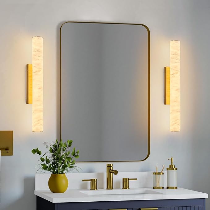 LMQNINE Natural Alabaster Wall Sconces Set of Two Spanish Marble Wall Light Cylinder Modern Gold LED Sconce for Living Room Bedroom Bathroo Stairs（M-2Pack）