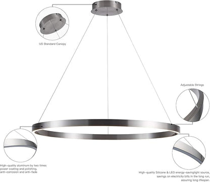 MADEM 31.5'' LED Modern Chandelier 1-Ring Circular Dimmable Pendant Light Flush Mount Pendant Lighting Adjustable for Living Room Dining Room, Bedroom, 3000K Warm White, Brush Nickel