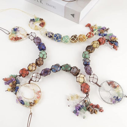 Anjiucc 7 Chakra Stone Healing Crystal Tree of Life Wall Hanging Home Interior Decoration，Window Decoration，Yoga Meditation