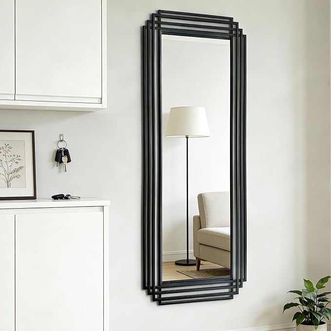 Geometric Mirror with Black Metal Frame, 63"x24" Large Rectangle Art Deco Mirror, Modern Elegant Wall Mirrors for Living Room Bathroom Entryway Hallway, Hangs Vertically or Horizontally